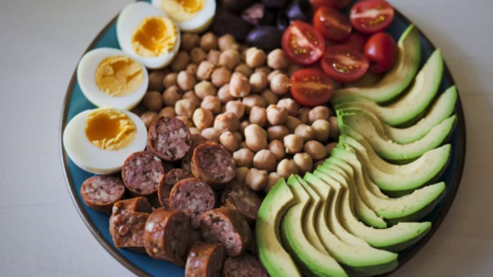 a vibrant and colorful plate of high protein options