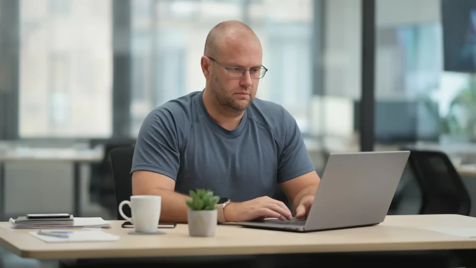 josh at the desk working on his laptop