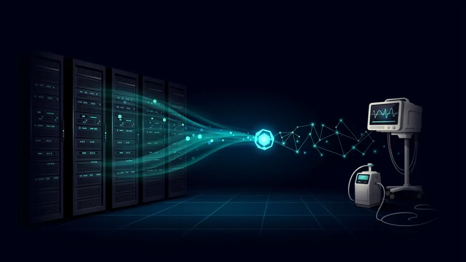 I Connect Medical Devices to Hospitals for a Living. Here's What the Hospital of the Future Actually Needs artist rendition of a network and interface pipeline from servers to networks to medical devices